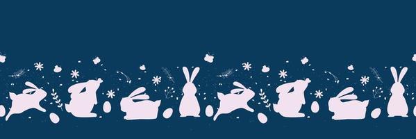 Seamless horizontal pattern with Easter bunnies and eggs on blue background. For textiles, banners, wallpaper, wrapping paper. Vector pattern.