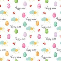 Easter seamless pattern with eggs, clouds, sun, butterfly. For textile, wrapping paper, packaging. Vector pattern.