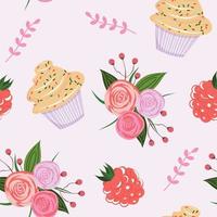 Floral seamless pattern with roses, raspberry and cupcake. Cute seamless pattern with cupcakes and flowers. Fot textile, paper, packaging. vector