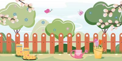 Illustration with a fence, trees, rubber boots, watering can, bucket filled with tulips. Summer, spring illustration in cartoon style. Vector illustration.