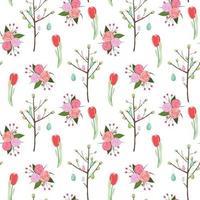 Floral seamless pattern with tulips, willow, eggs and roses. vector