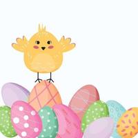 Cute bird sitting on painted eggs. Easter illustration. vector
