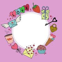 A photo frame with hand-drawn cute elements. Hearts, cupcakes, lollipops, candies, berries, envelope, ice cream. Valentine's Day, birthday. A declaration of love. An illustration for your design. vector