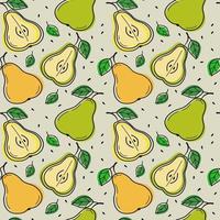 Painted seamless background with pears and leaves, abstract repeating pattern. For paper, cover, fabric, healthy food background, gift wrapping, wall art, interior decor. Food illustration. vector