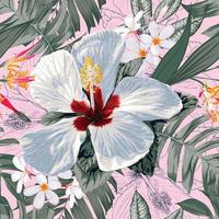 patrón transparente floral con hibisco y flores de frangipani fondo abstracto. ilustración vectorial dibujada a mano. para el diseño de patrones de impresión de moda de tela o el embalaje del producto. vector