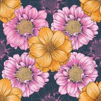 Seamless pattern floral with vintage Zinnia and cosmos flowers abstract background.Vector illustration line art.For fabric pattern print dsign. vector