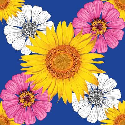 Seamless pattern botanical Sunflower and Zinnia flowers abstract blue backgground.Vector illustration drawing .fabric textile pattern print design