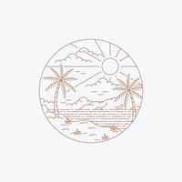 isla tropical en estilo de línea, verano en playa tropical logo insignia monoline diseño vector ilustración