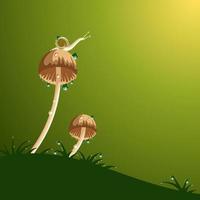 Snail on mushroom and dew sparkling, with space for text, as banner or template, spring theme. vector illustration.