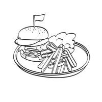 hamburguesa y papas fritas en la bandeja de madera ilustración vector dibujado a mano aislado en el arte de línea de fondo blanco.