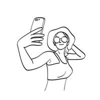 mujer con gafas de sol tomando selfie ilustración vectorial dibujada a mano aislada en el arte de línea de fondo blanco.