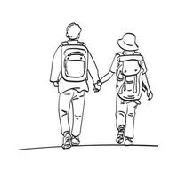 Couple in love enjoying traveling illustration vector hand drawn isolated on white background line art.