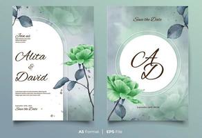 Luxury watercolor wedding invitation with green flower vector