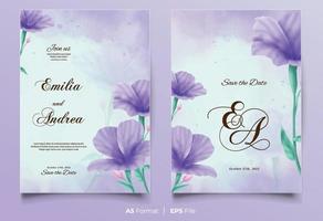Watercolor wedding invitation with purple flower ornament