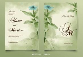 Watercolor wedding invitation template with blue and green flower ornament vector