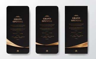 historias de medios sociales para el gran anuncio de diseño de apertura con decoración de seda satinada dorada brillante con fondo negro