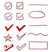 red hand drawn check, underline and oval marker with doodle style vector