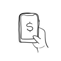 mano que sostiene el teléfono con dinero en el doodle de ilustración de pantalla vector