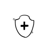 icono de escudo médico con ilustración de garabato de signo médico cruzado de salud vector