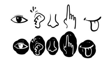Icon set of five human senses. Vision eye, smell nose, hearing ear, touch hand, taste mouth with tongue doodle style vector