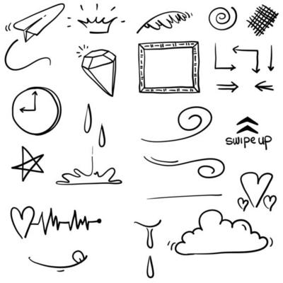 set of doodle design elements. Arrow, heart, love, speech bubble, star, leaf, sun,crown, king, queen,Swishes, swoops, emphasis ,swirl, heart,gem cartoon style
