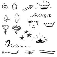 doodle emphasis elements, black on white background. Vector symbols and logo. Arrow, heart, love, hand made, homemade, star, leaf, sun, light, flower, daisy, graffitti crown, king, queen cartoon style