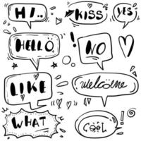 Hand drawn set of speech bubbles with dialog words Hello, Love, Bye, Hi, welcome doodle style cartoon vector