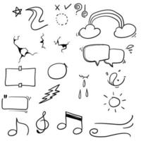 Hand drawn design elements, speech bubble, star, sun,light,check marks,rainbow,thunder,Swishes, swoops, emphasis ,swirl, heart, on white background. doodle vector