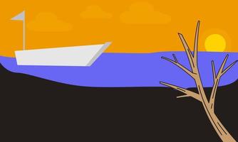 Graphic illustration of a sunset with a ship silhouette on sea horizon on a hot summer afternoon. vector