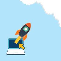 Successful start-up launch vector illustration. Space rocket flies up from laptop. New business project concept