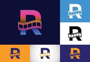 alfabeto inicial del monograma r incorporado con rollo de película. concepto de logo de video y película. emblema de fuente logotipo para el negocio del entretenimiento y la identidad de la empresa vector