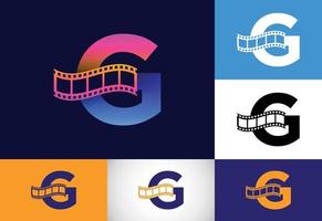 alfabeto de monograma g inicial incorporado con rollo de película. concepto de logo de video y película. emblema de fuente logotipo para el negocio del entretenimiento y la identidad de la empresa vector