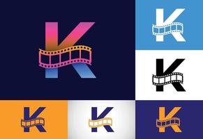 alfabeto de monograma k inicial incorporado con rollo de película. concepto de logo de video y película. emblema de fuente logotipo para el negocio del entretenimiento y la identidad de la empresa vector