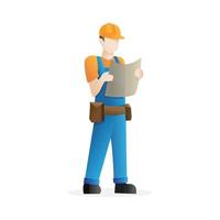 Construction worker character. Construction worker in orange hard hat holding blueprints - Vector illustration