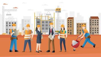 Construction worker team. Construction workers crew. Cool vector character design on construction building process - Vector illustration