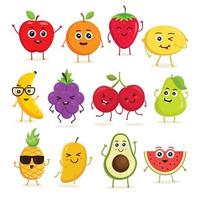 colección de vectores de frutas lindas. divertidos personajes de frutas aislados en fondo blanco, lindo y divertido juego de frutas ilustración vectorial