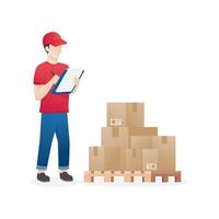 Warehouse worker checking goods on pallet stock vector