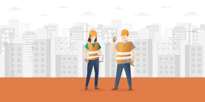 Building and construction industry cartoon background with workers. Construction Worker character vector design - Vector illustration