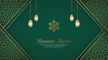 Ramadan Kareem Islamic Arabic Green Luxury Background with Geometric pattern and Beautiful Ornament with Lanterns vector