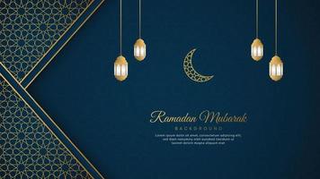 Ramadan Mubarak Islamic Arabic Blue Luxury Background with Golden Pattern Border Frame vector