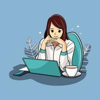Girl students smile online education and sits with laptop vector illustration free download