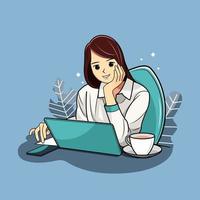 Girl students smile working from home remotely sitting with laptop vector illustration free download