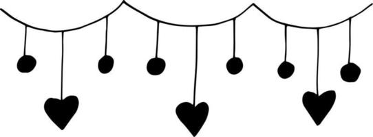 garland with hearts hand drawn doodle. , minimalism, monochrome. frame, border, sticker love valentines day decor vector