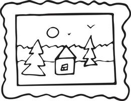 picture in a frame with trees and a house sketch icon, sticker, poster hand drawn doodle, scandinavian. interior, cozy home. single element for design minimalism, monochrome vector