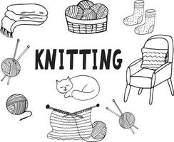 knitting set hand drawn in doodle style. collection of elements for design icon, sticker, poster, card. , scandinavian, hygge, monochrome. balls of wool and knitting needles, hobby, cozy home