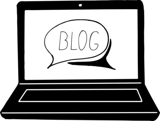 laptop and lettering on screen blog icon, sticker. sketch hand drawn doodle style. , minimalism, monochrome. blogging, electronics technology