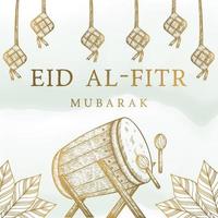 hand drawn eid al fitr mubarak with bedug, greeting cards illustration vector