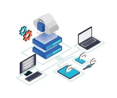 ilustración de estilo isométrico de almacenamiento en la nube encriptado en un servidor de base de datos vector