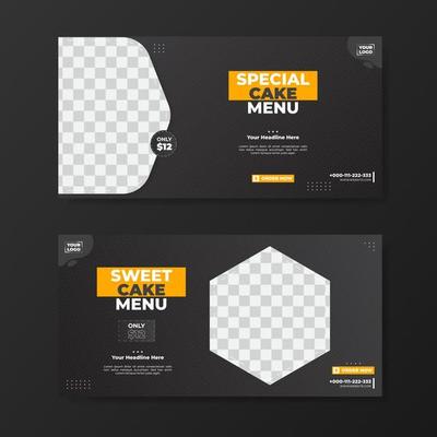 Banner sweet and delicious cake menu promotion template design. Editable vector design with dark background