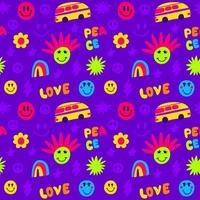 Seamless hippie-style pattern with peace and happiness, rainbow and smileys vector